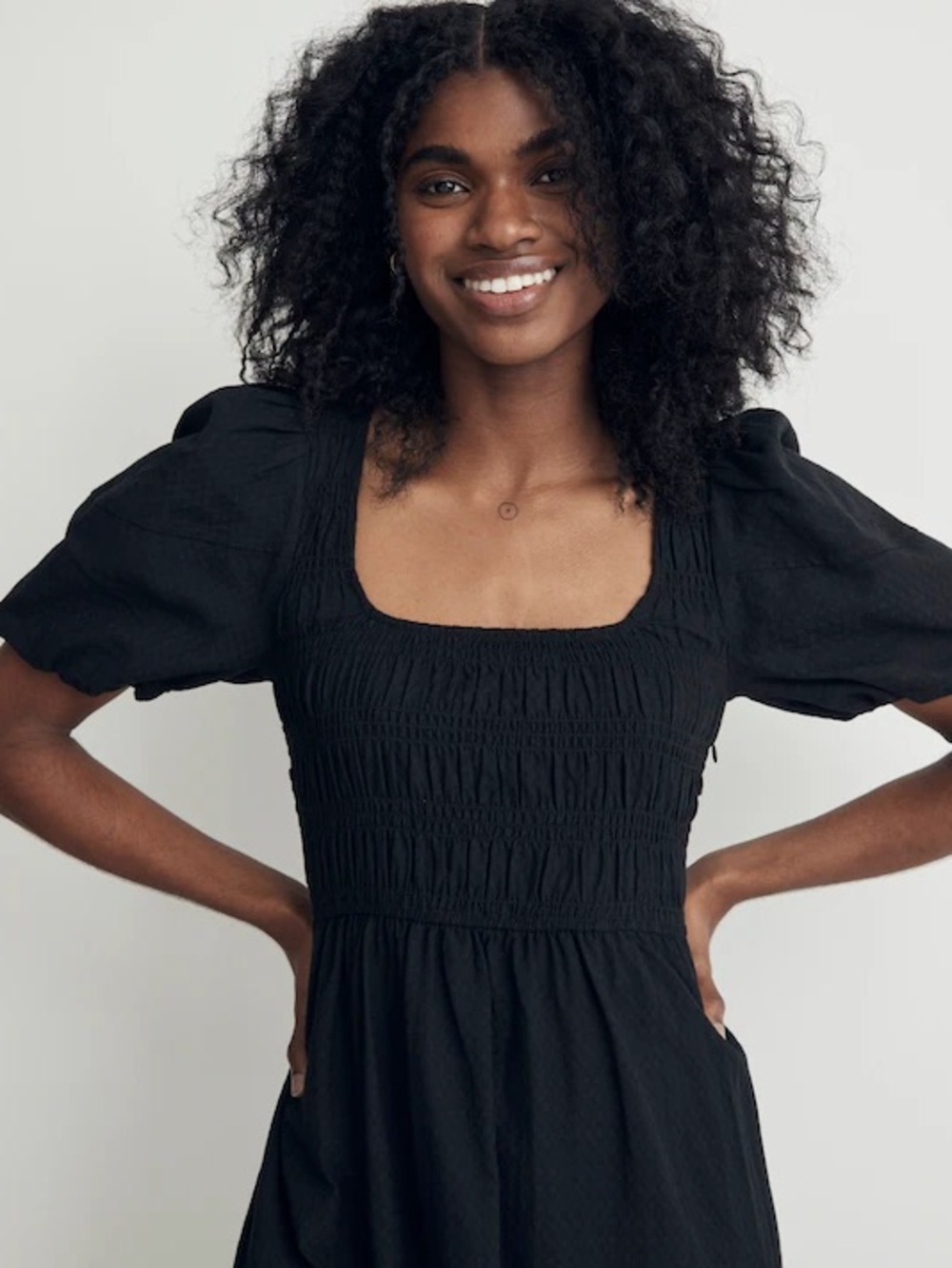Madewell Lucie Puff Sleeve Smocked Square-Neck Midi Dress - Black - Picture 3 of 8